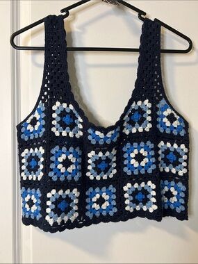 133. Sincerly Jules Navy, Blue & White Crochet Patchwork Camisole